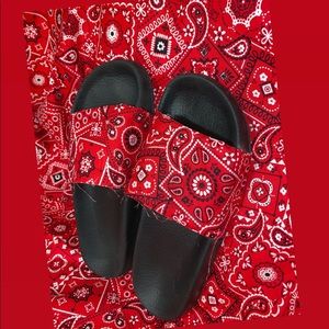 Red bandana slides: handmade